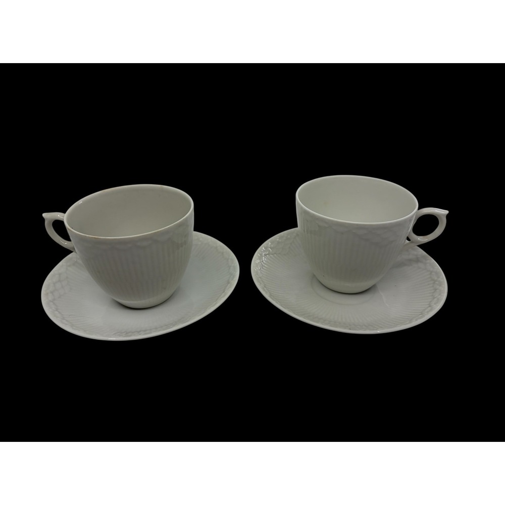 Royal Copenhagen White Half Lace Tea Cup and Saucer Set of 2 Porcelain Denmark